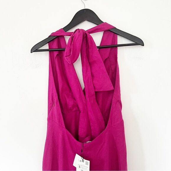 Zara Fushia Purple Linen Blend Halter Maxi Summer Party Wedding Dress - Picture 8 of 16